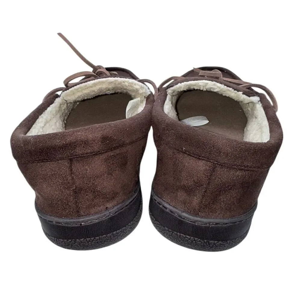 Dearfoams Men’s Microsuede Toby Moccasin Slippers Coffee Sz. M 9/10 Fleece Lined
